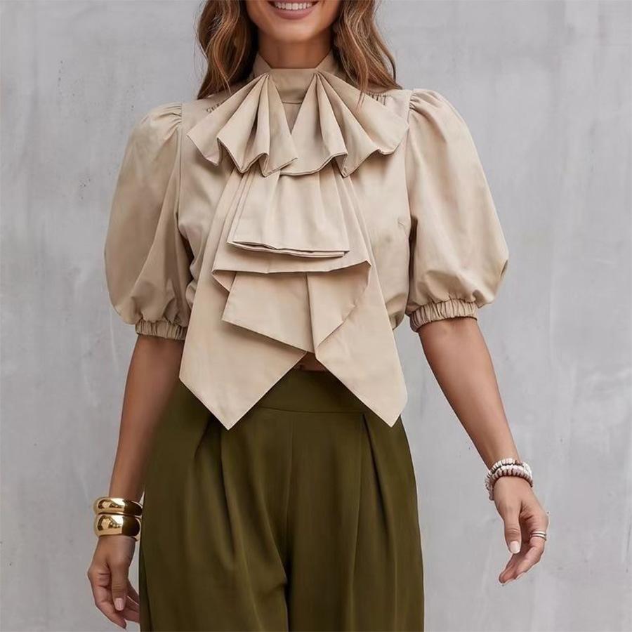 European and American New Design Bow Solid Color Lantern Sleeve Top Stand-up Collar Casual Short Shirt Women