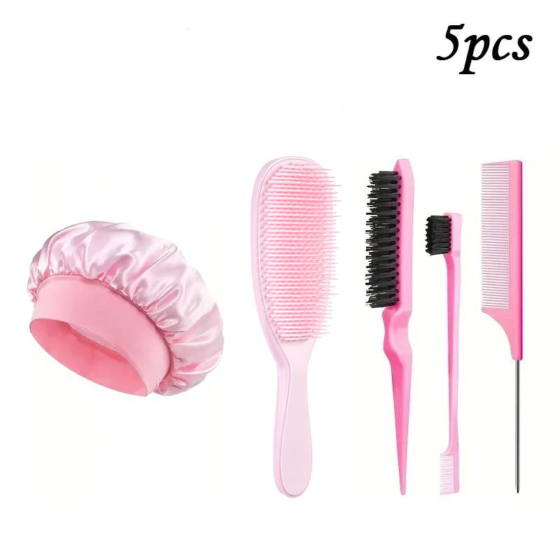 5/7pcs Hair Care Kit Tangled Hollow Out Comb with Rat Tail Edge Control Brush Spray Bottle Soft Satin Sleeping Cap Styling Tools