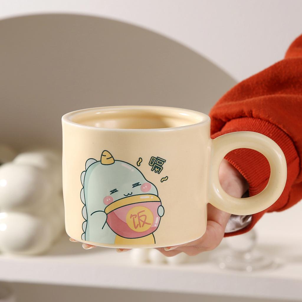 Light Luxury Ins Style Dinosaur Ceramic Cup Cute Mug with Lid Spoon Household High Value Coffee Cup Souvenir