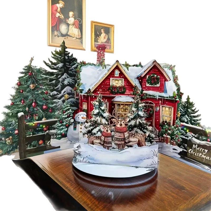 3D vánoční přání Scéna Noc před Vánocemi s Santa Clausem, sobem, zasněženou vesnicí Sváteční sváteční přání