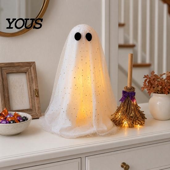 Witch Broomstick with Lights Halloween Ghost Decoration Broom, Spooky Sequins Mesh White Ghost, Cute Photo Prop Adjustable Standing for Party,