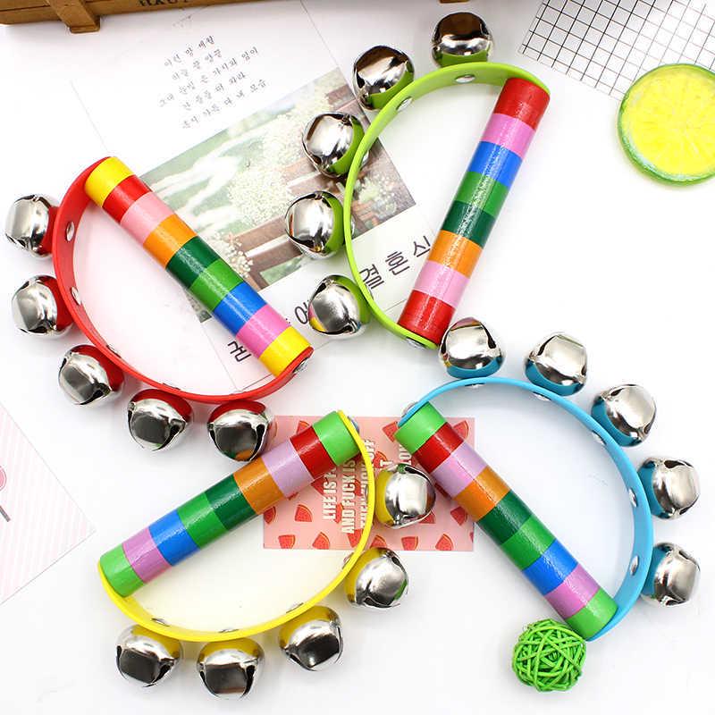Seven-Color Wooden Handle Semi-Circular Hand-cranked Children s Educational Musical Rattle with Five Colorful Bells