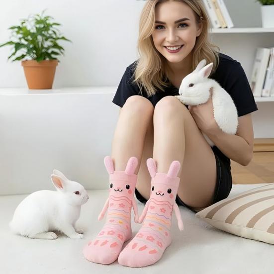 Easter Bunny Socks with Magnetic Hands Cute Rabbits Holding Hands Socks Fun 3D Ears Bunny Socks for Women Teens Kids Easter Basket Stuffers