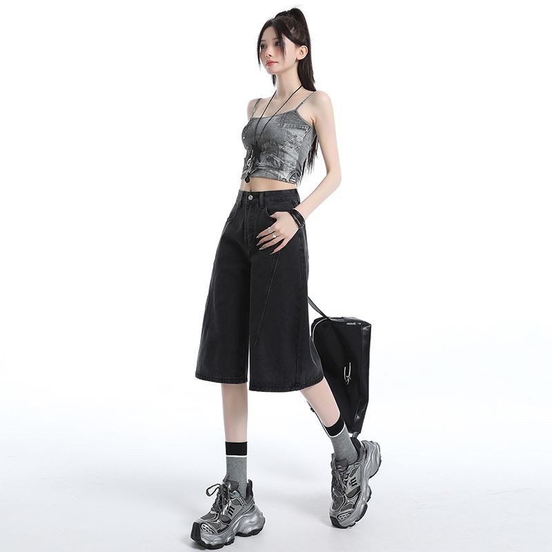 Fashion Summer Black Gray High Street Loose Wide Leg Straight Cropped Capri Denim Pants For Women Trendy Versatile Slimming AllMatch Daily Wear