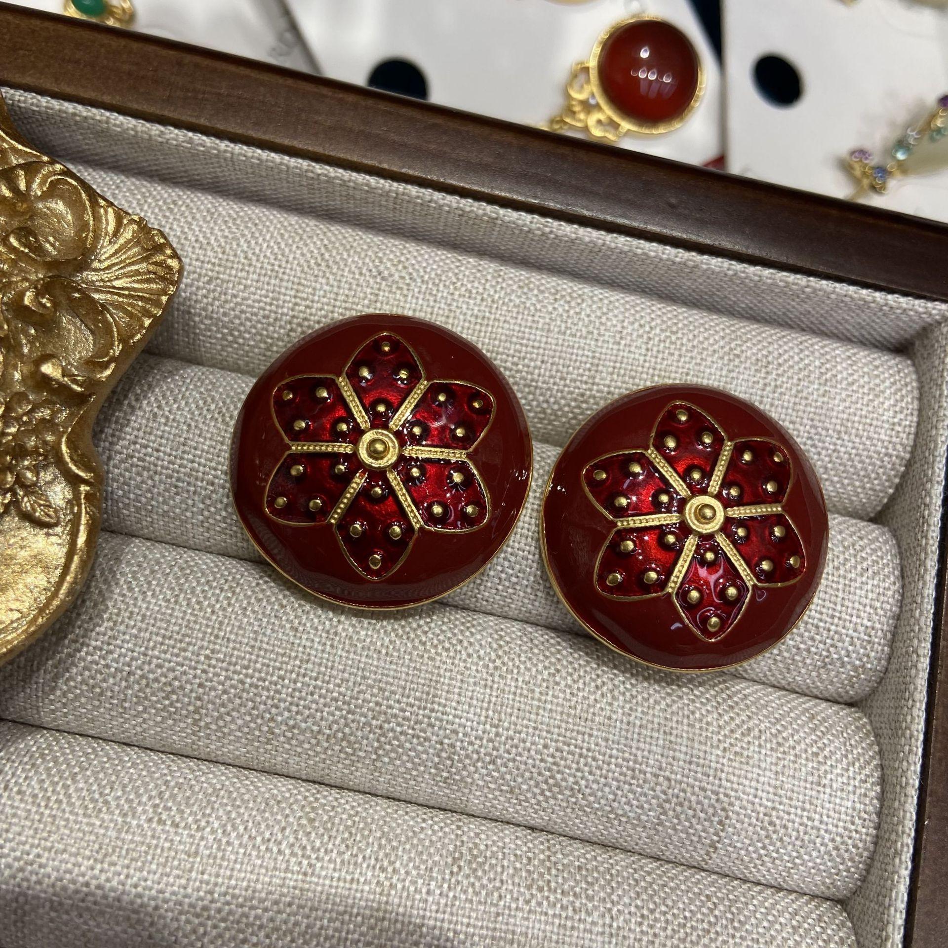 Средневековые Винтажные Эмалевые Серьги-Гвоздики Hexagram Burgundy в Ретро-Стиле Гонконга Трехмерные Круглые Серьги с Маркировкой