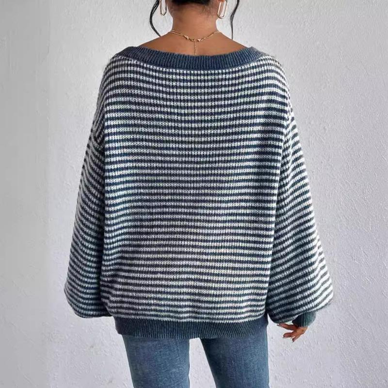 Fashion One-word Neck Striped Off-the-shoulder Knitted Women Sweater Autumn and Winter Pullover Loose Simple Office Sweaters Casual Long Sleeve Tops