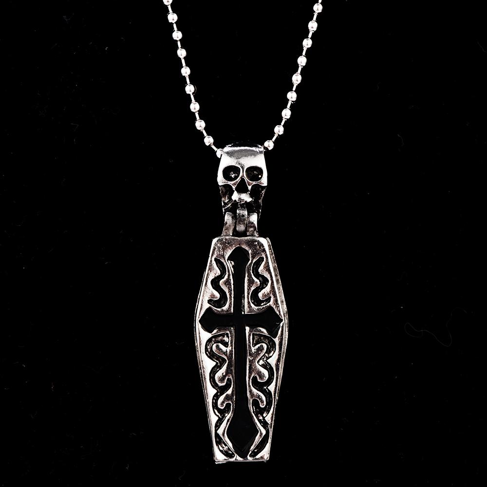 Vintage Gothic Coffin Skull Human Skeleton Pendant Cross Chain Necklace