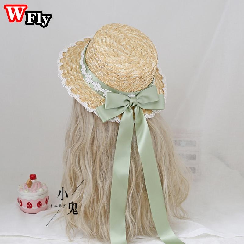 Harajuku Women Girls Summer Straw Hat Beach Sun Hat Handmade Sweet Lolita Cosplay Lace Bow Ribbon Straw Hats Decorate