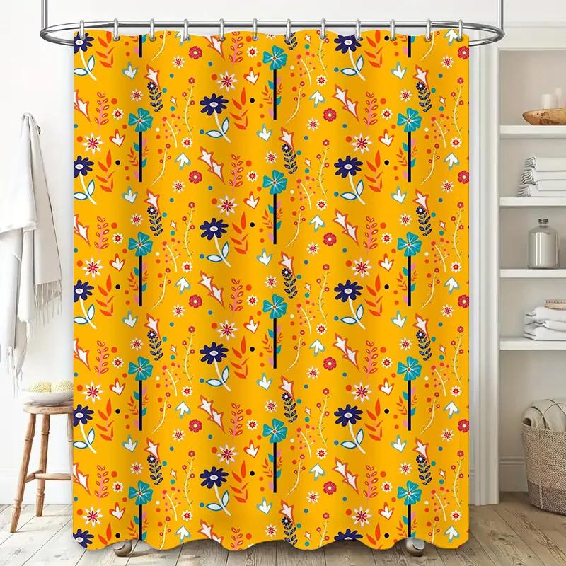 

Vibrant Floral Shower Curtain Yellow Decorative Bath Rug With Blue Flowers Bathroom Liner For Home Living Room Wall Hanging W60H190(CM)-1 Pcs