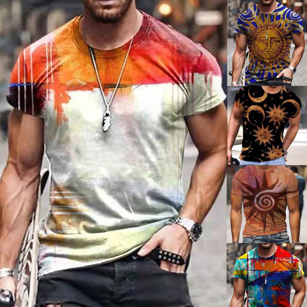 Pánská letní ležérní halenka s krátkým rukávem a kulatým výstřihem s 3D potiskem