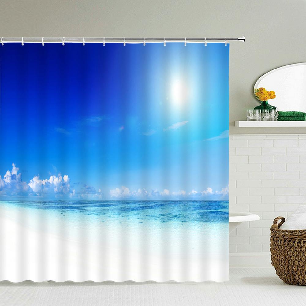 Beach Sea Palm Trees Shower Curtains Scenery Waterproof 3d Bathroom Curtains With Hooks Home Decoration Washable Bath Screen