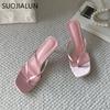 Fashion SUOJIALUN 2025 Summer New Women Slipper Fashion Narrow Band Women Slides Thin High Heel Outdoor Dress Gladiator Sandal Pumps Sho