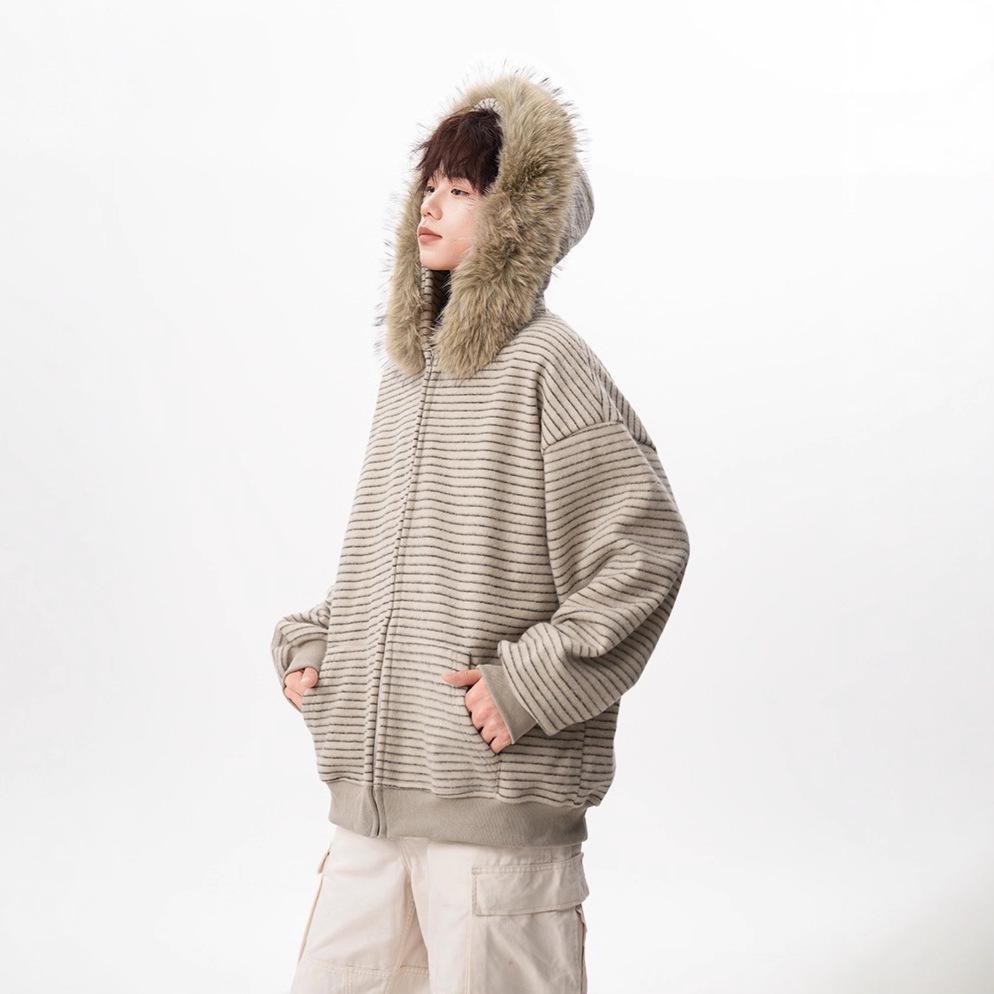 Herren 2025 Gestreifter Kapuzen-Strickjacken-Sweatshirt - Lässig, Vielseitig, Lockerer Amerikanischer Stil