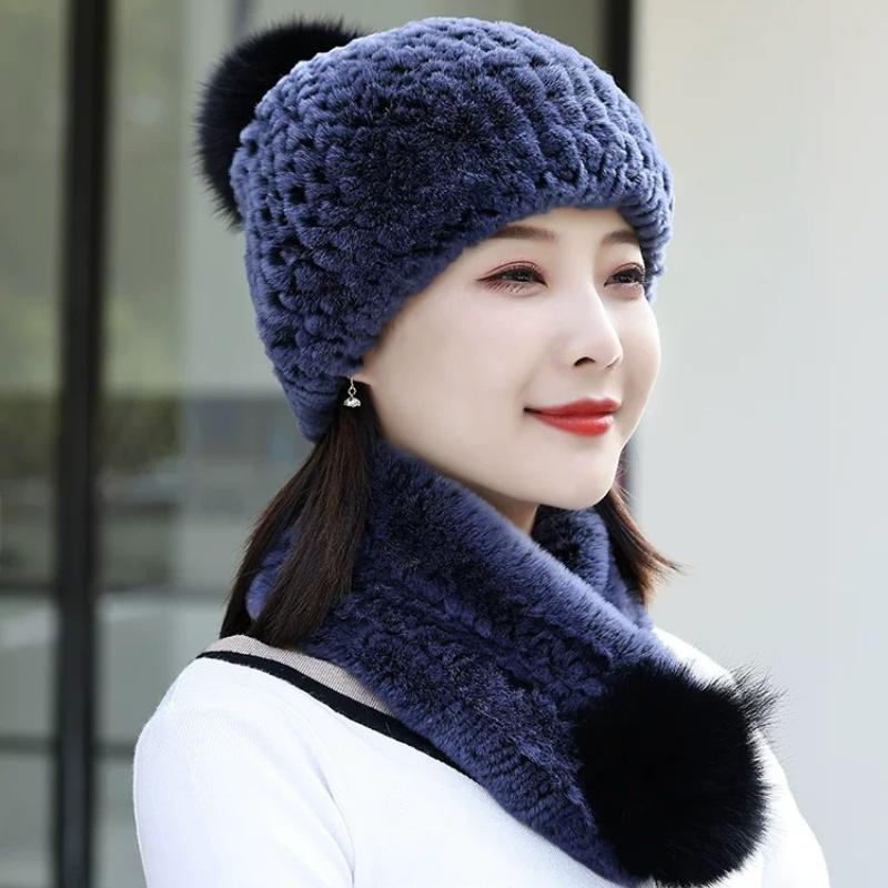 Rex Rabbit Hair Hat Scarf Two-piece Set Women's Winter Fur Hat Set Winter Fashion Warm Middle-aged Mother Hat