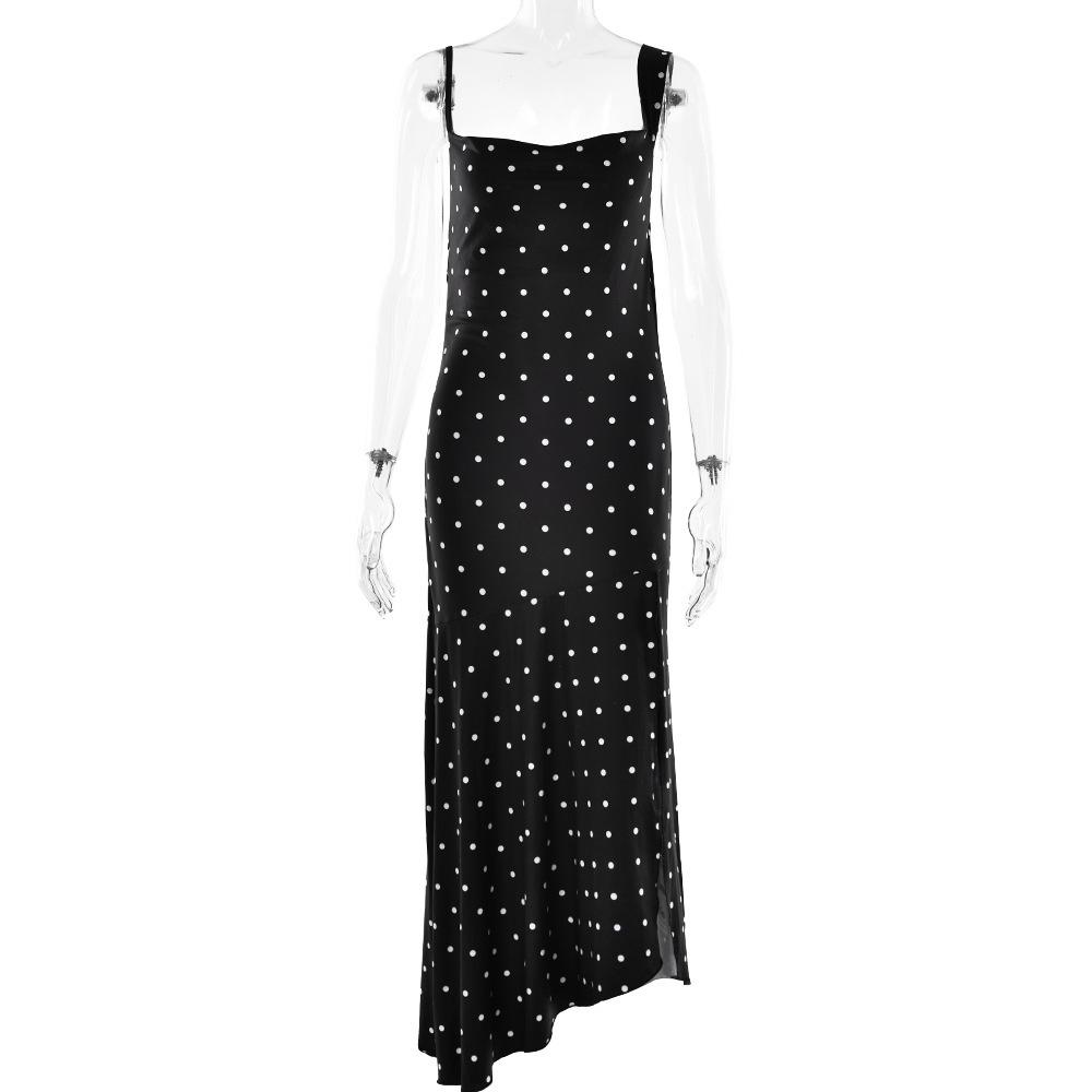 European and American new polka dot suspender swing neck dress women's fashion sexy sleeveless backless split long
