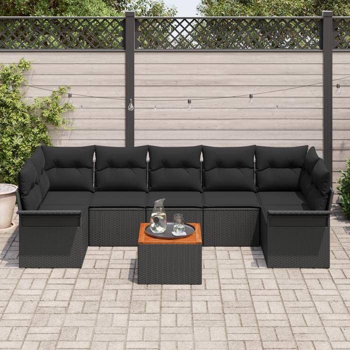 Set de Canapé de Jardin 8 pièces avec Coussins Noir Poly Rattan Acacia, Canapé de Jardin 2 places avec Rangement et Coussins 3355965
