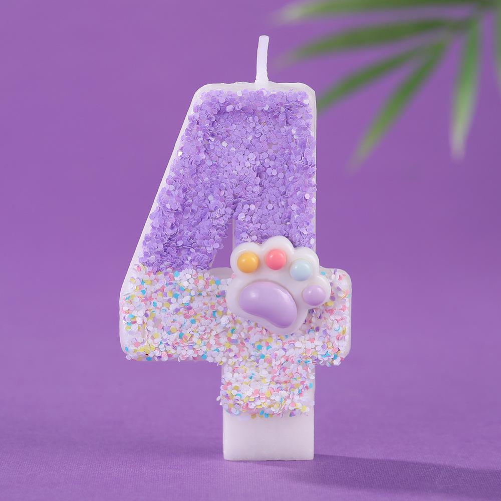Dreamy Purple Gradient Cat Paw Number Candles - Creative Cartoon Cake Decorations