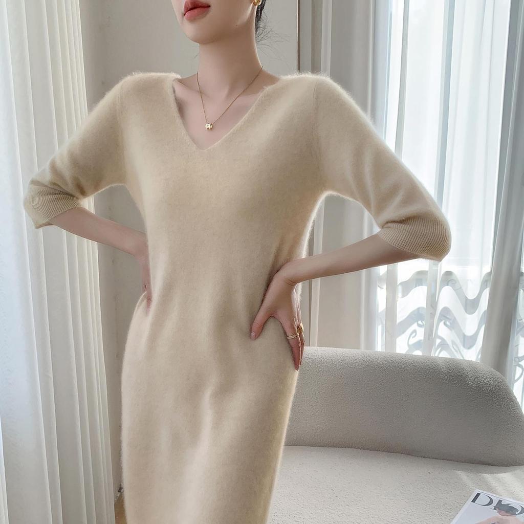 Women's Mid-length V-neck Cashmere Sweater Dress - Slim Fit, Medium Sleeves