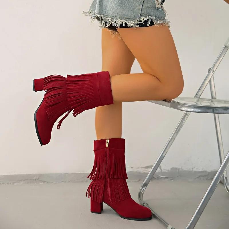Fashion 2025 New Mid-Tube Boots Suede Block Heel Super High Heel Side Zipper Fashion Boots for Autumn and Winter Women