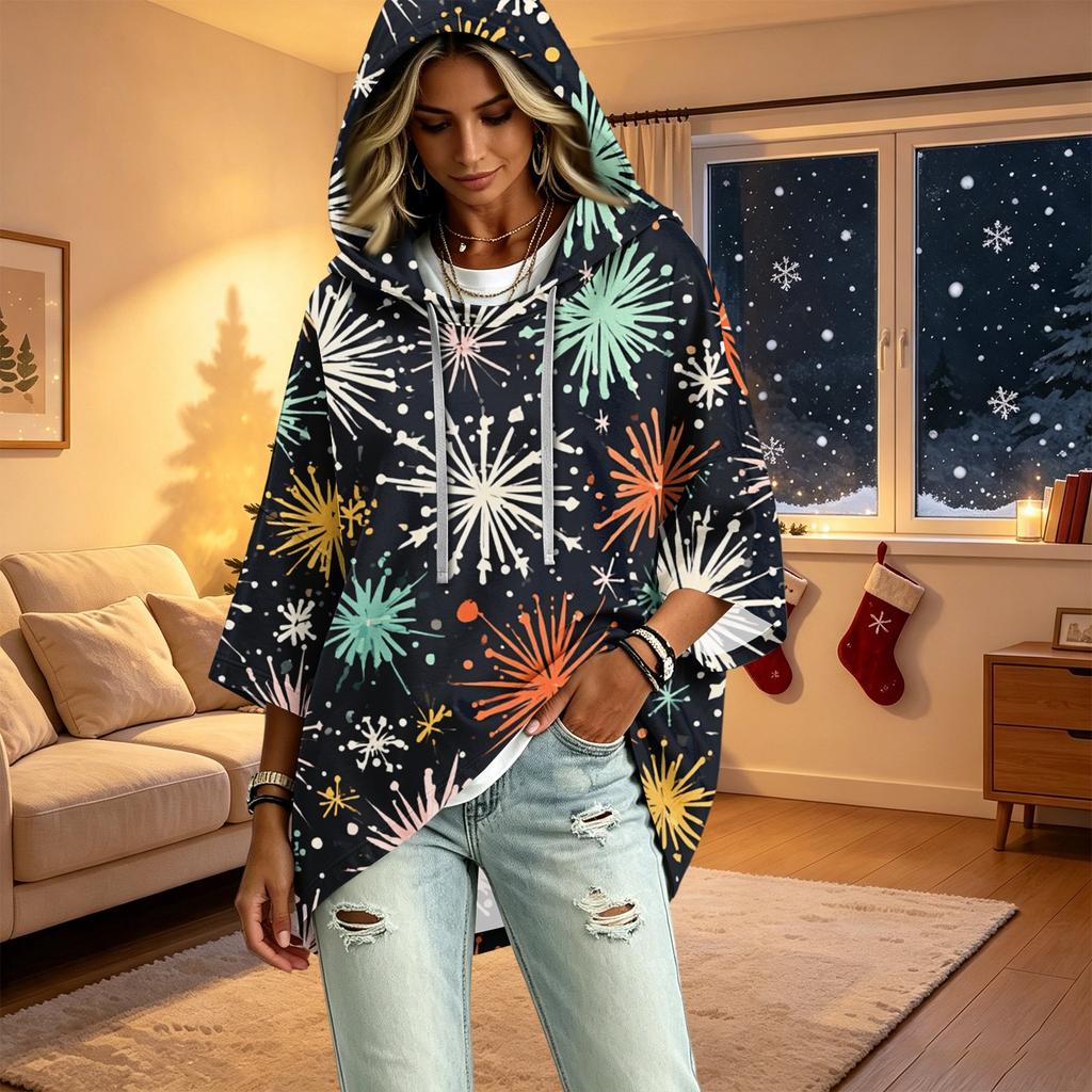 Women's Christmas Print Three-Quarter Sleeve Hooded Pullover Top