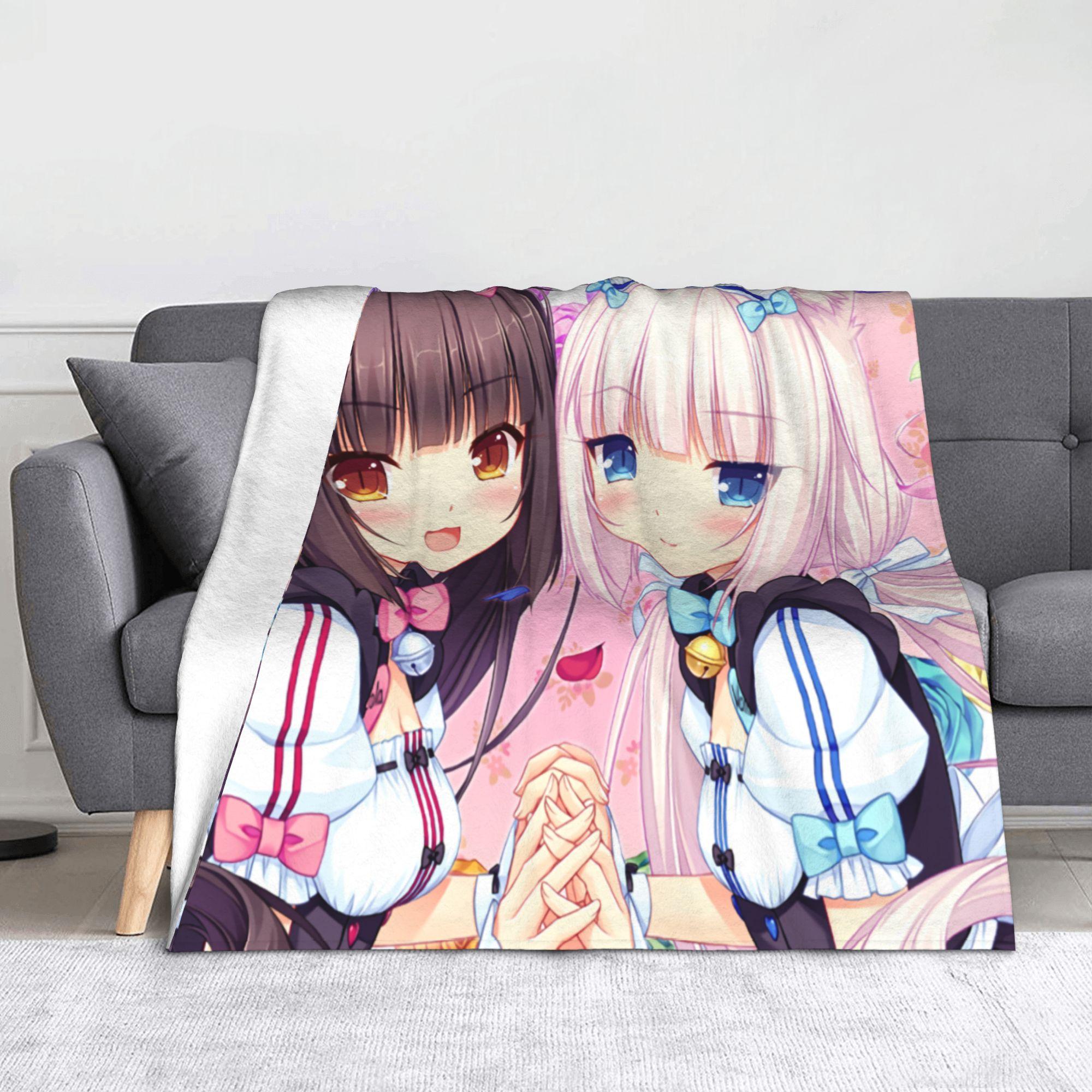 Nekopara Chocola Vanilla Knitted Blanket Fleece Anime Kawaii Gir Ultra-Soft Throw Blankets for Outdoor Travel Bed Rug 75x90cm