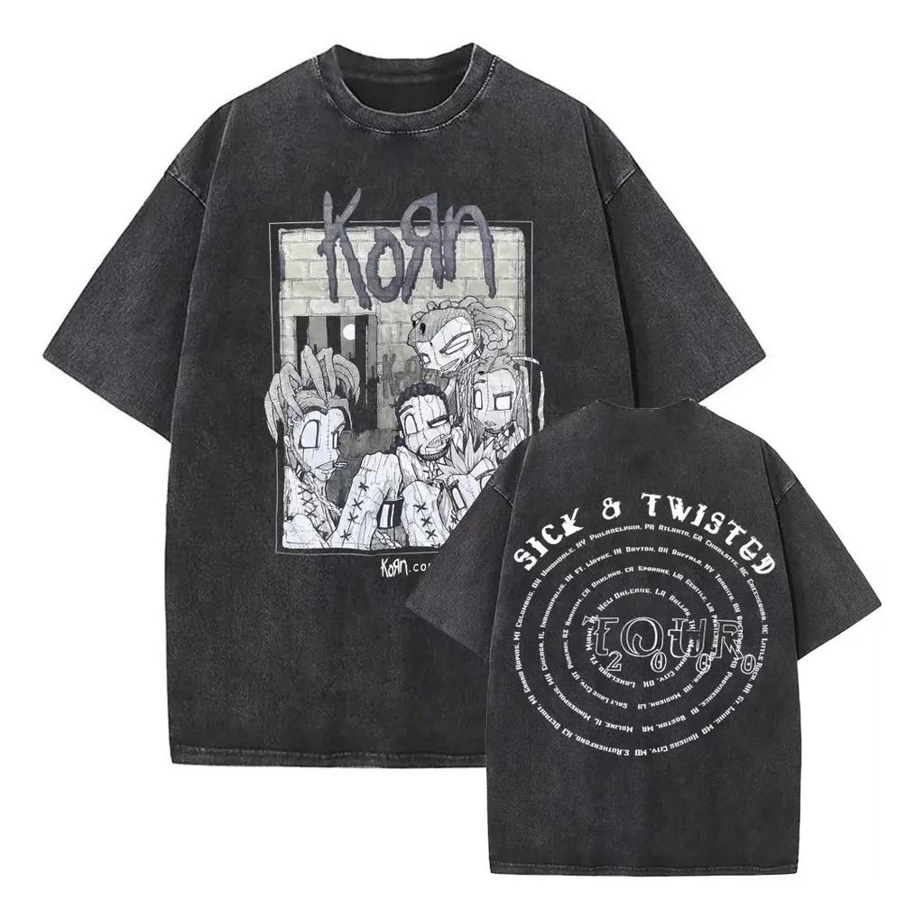 T-shirt Vintage Style of Korn Heavy Metal Rock Band Men Women Fashion Cotton Washed Tshirts Male Hip Hop Gothic Tees