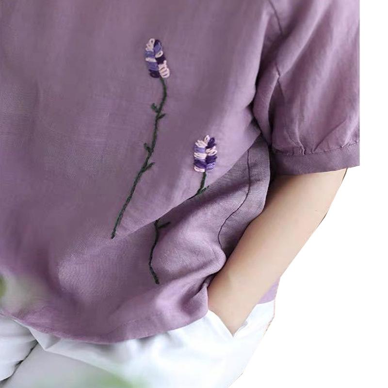 Women's Summer Artistic Loose Cotton T-shirt Jacquard Round Neck Embroidered Short Sleeve T-shirt Women's Top