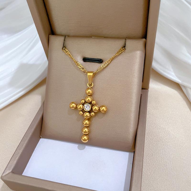 Round Bead Cross Personalized Minimalist Furnace Real Gold Necklace Female Collarbone Chain