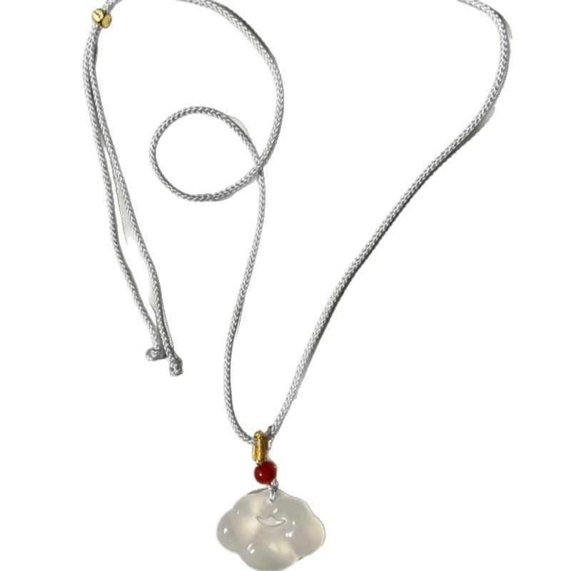 Natural White Ice Jade Chalcedony Agate Cloud Ruyi Peace Lock Pendant Necklace - Ancient Style Light Luxury for Couples