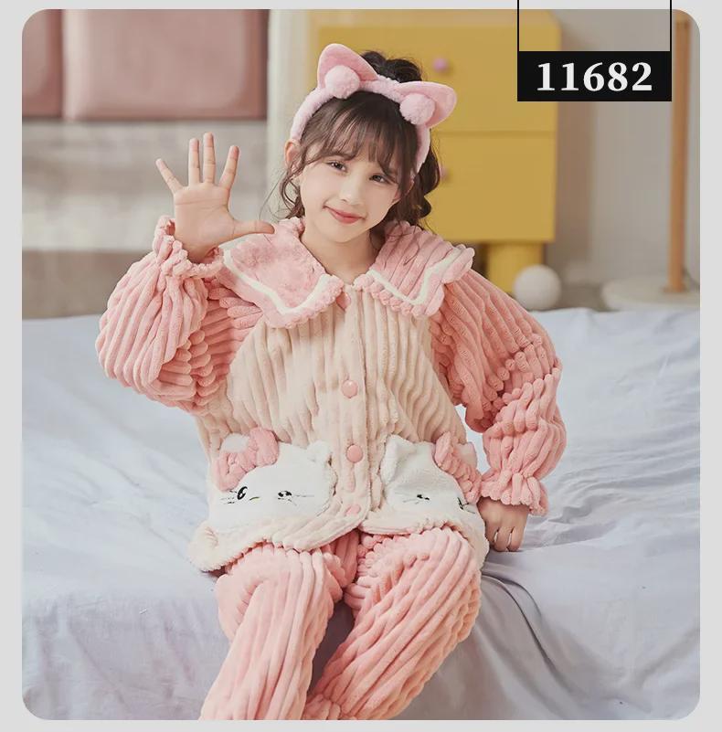 Kids' Flannel Cartoon Pajamas - Warm Coral Fleece for Girls, Autumn/Winter Collection
