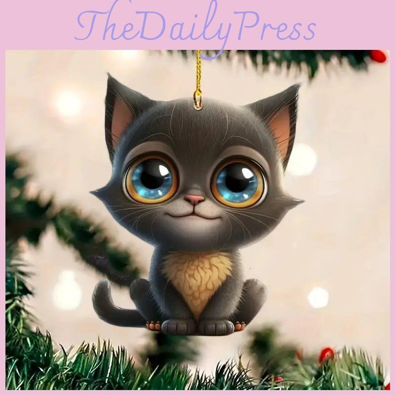 Acrylic Surface Flat Playful Big Eyed Cat Christmas Tree Pendant Hanging