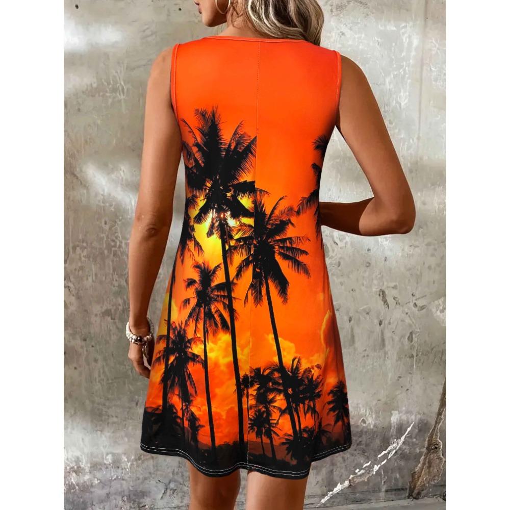 2025 Strand Casual Ärmellos Tank Top mit Blumenmuster Lockeres Sommerkleid A-Linie Ärmellos U-Boot-Ausschnitt Party Kleine Kurze Kleider Tropisches Druckkleid Casual