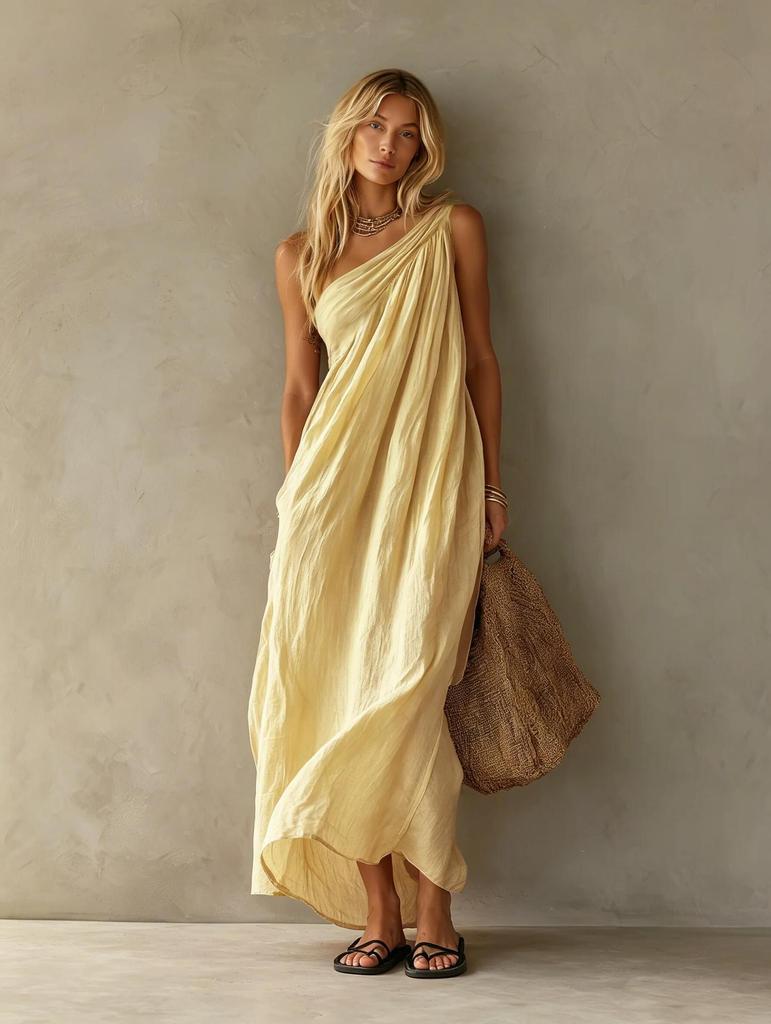 2026 Elegant One-Shoulder Sleeveless Long Dress for Women - Summer Fashion