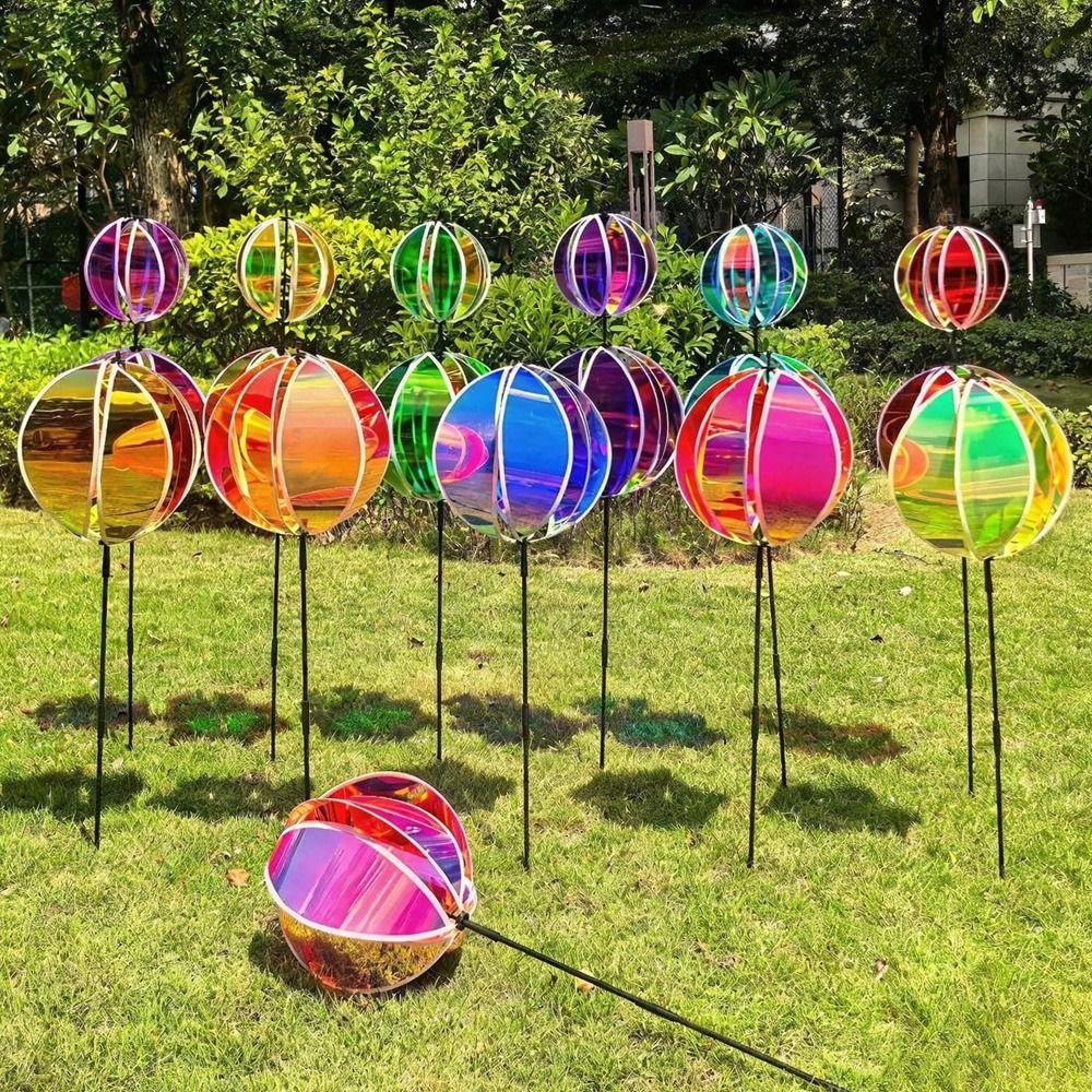Sprankelende Streep Reflecterende Tuinmolentjes Regenboogkleur Met Paaltjes Windmolen Roterende Bol Kleurrijke Folie Wind Roterende Bol