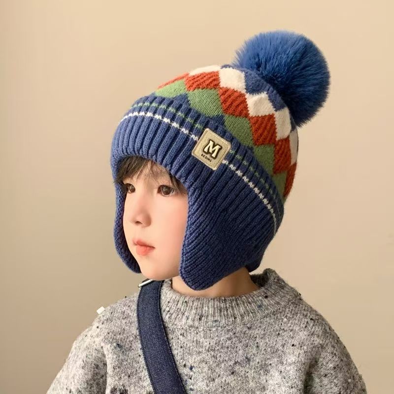 Winter Children's Warm Hats Autumn and Winter Boys and Girls Rhombus Windproof Ear Hats Baby Knitted Thickened Wool Hats