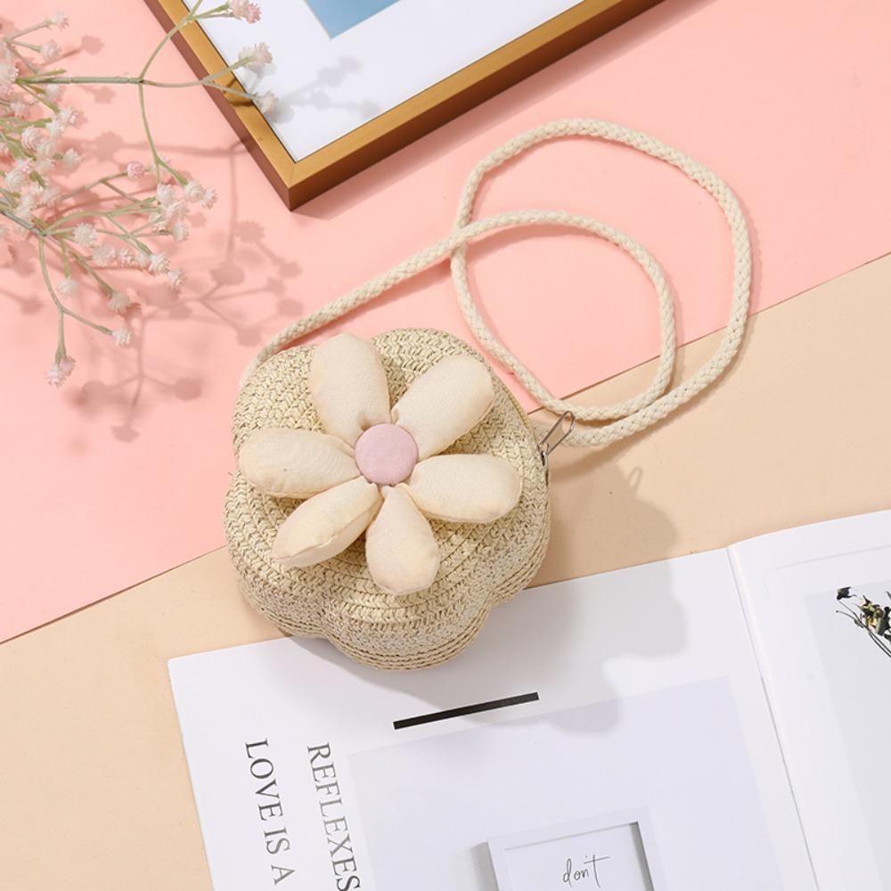 

Cute Handmade Kids Straw Bag Flower Shape Woven Crossbody Bag Shoulder Bag for Children Girls
