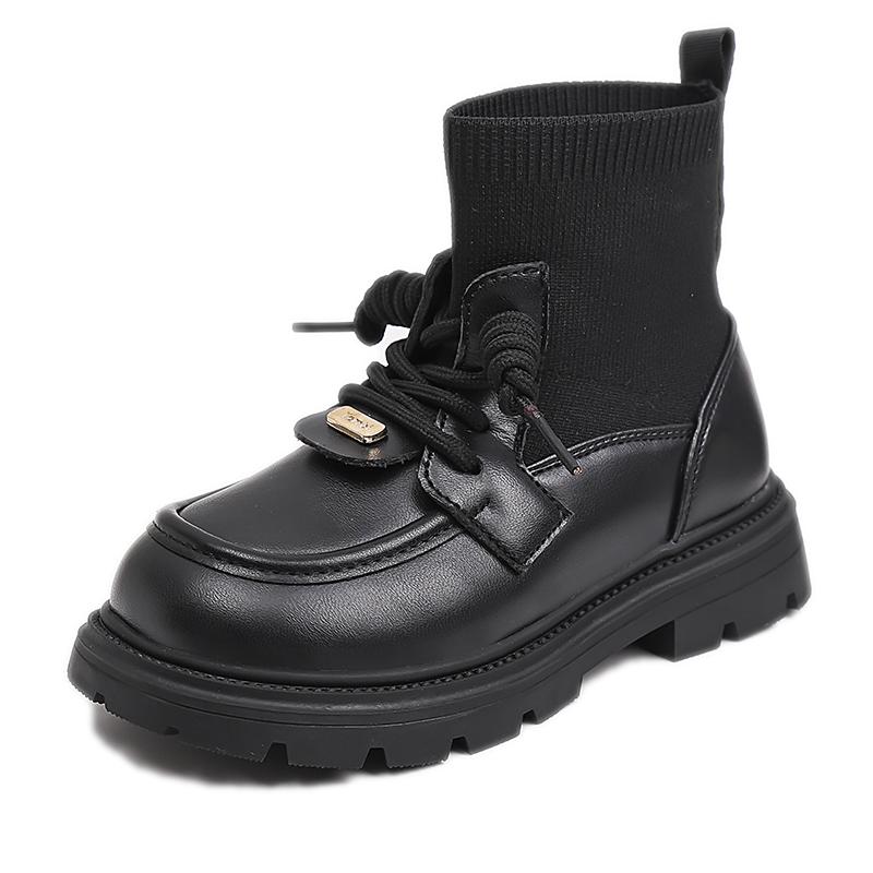 New Girls Socks Boots Black Beige Thick Bottom Kids Causal Fashion Boots Round-toe Patchwork Princess Children Shoes Non-slip