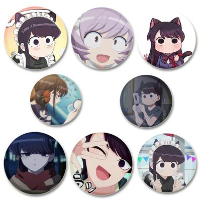 32/44/58mm Komi nemůže komunikovat Kulatý odznak Roztomilé kreslené zacvakávací brože na batoh, oblečení, doplňky, Anime sběratelská odznaková dekorace