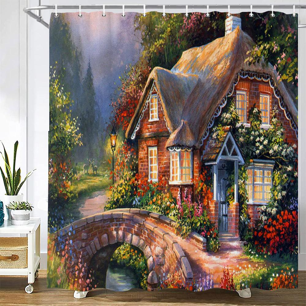 Natural landscape Shower Curtain Decor Waterproof Fabric Bathroom Curtains Painting Forest Seaside Scenery Bath Screen with Hook
