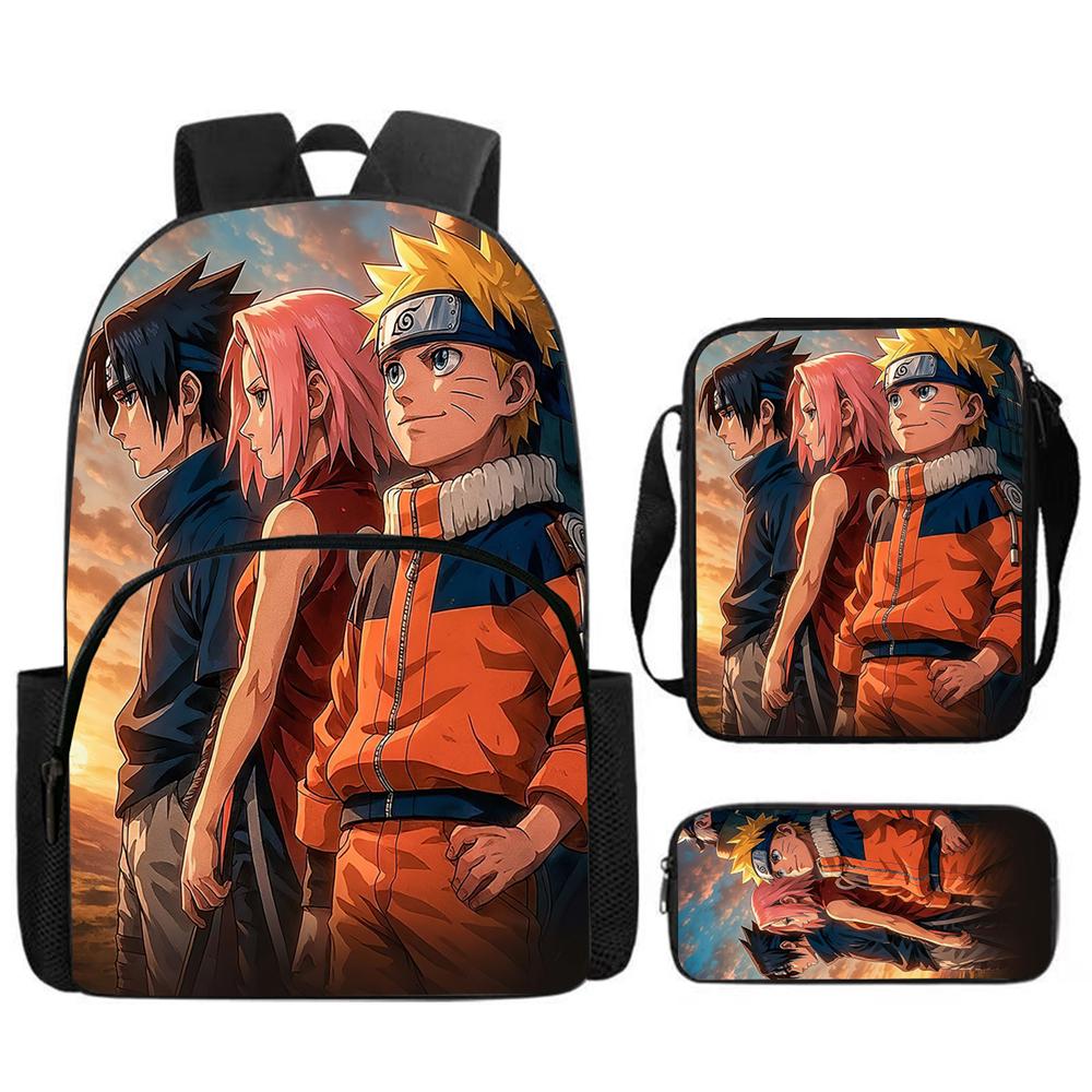 3Pcs Set NARUTO Anime School Backpack With Front Pocket & Crossbody Bag & Pencil Bag,Durable&Lightweight,for Boys&Girls Age 5-10