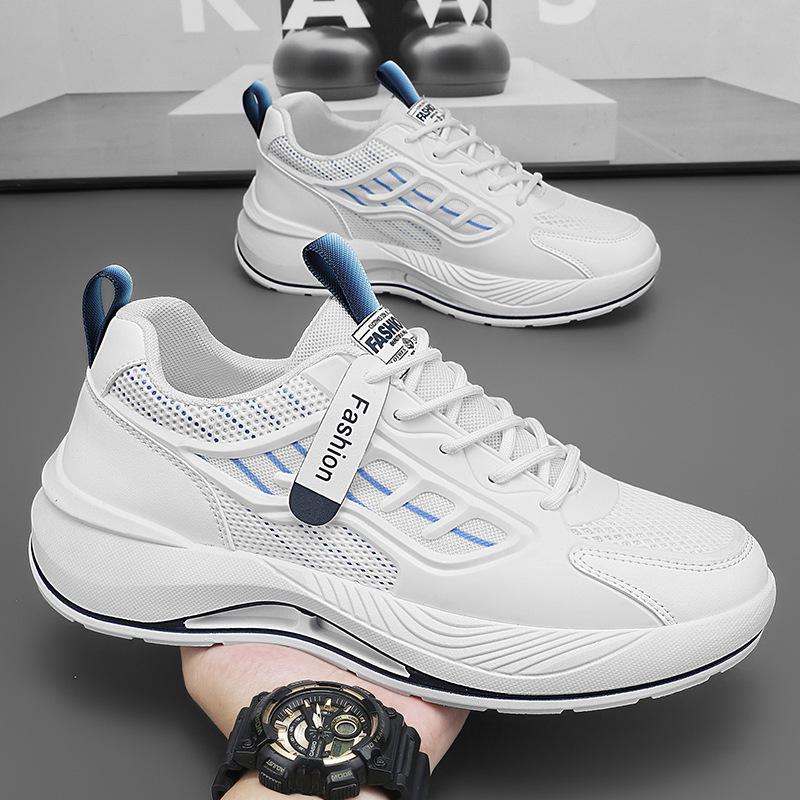 Men's Trendy White Mesh Sneakers - Breathable, Versatile, Thick-Soled Casual Dad Shoes for Spring