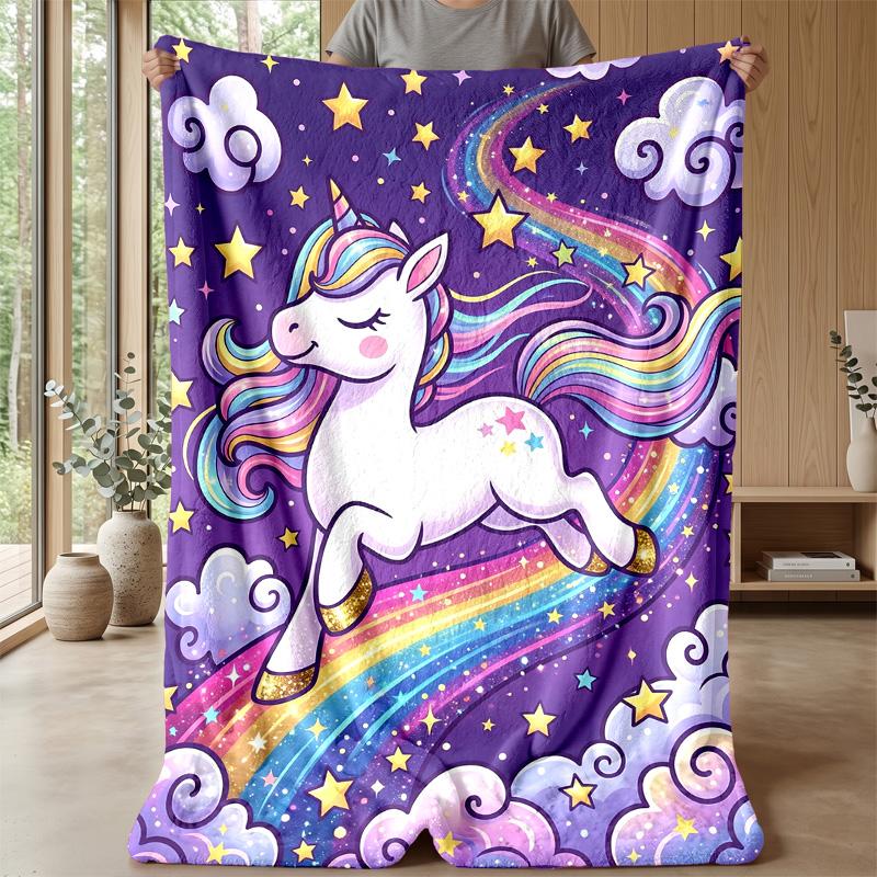 Colorful Unicorn and Rainbow Blanket Personalized Name Flannel Blanket Soft Cozy Plush Throw for Sofa Bed Lightweight Home Decor