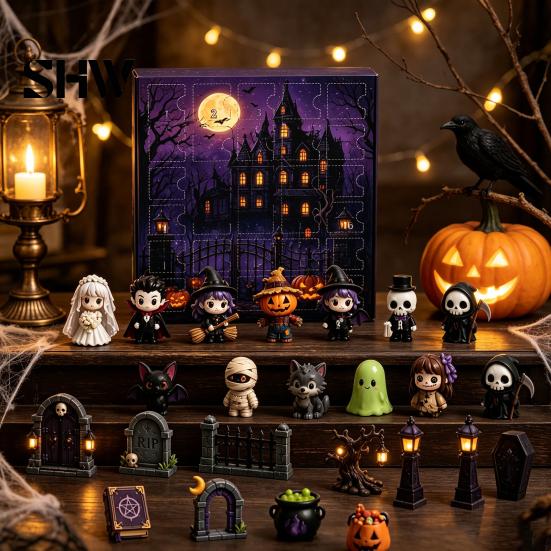 24-Tage-Box Halloween Adventskalender 2026, Countdown mit 2D-Flachgeschenken für Erwachsene Kinder Acryl-Mini-Figuren, Sammler-Überraschung Mädchen