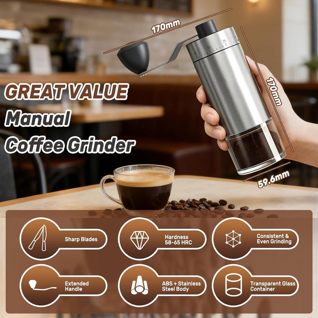 Grinder Conical Burr with 40 Adjustable Settings, Portable Stainless Steel Hand Coffee Bean Mill for Espresso Pour
