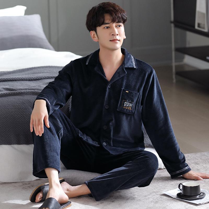 Island Fleece Pajamas Men'S Autumn And Winter Fleece Thickened Coral Fleece Thermal Loungewear Can Be Worn Outside The Suit