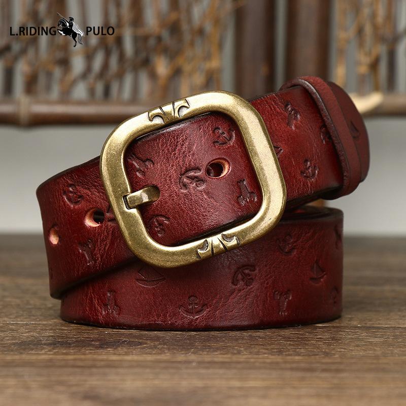 Korean Style Personalized Machine Embossed Vegetable Tanned Belt Men's Genuine Leather Pure Cowhide Pin Buckle Belt