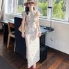 Summer Fashion Round Neck Floral Bubble Sleeve Dress High-end Femininity Waist A-word Long Dress Wholesale