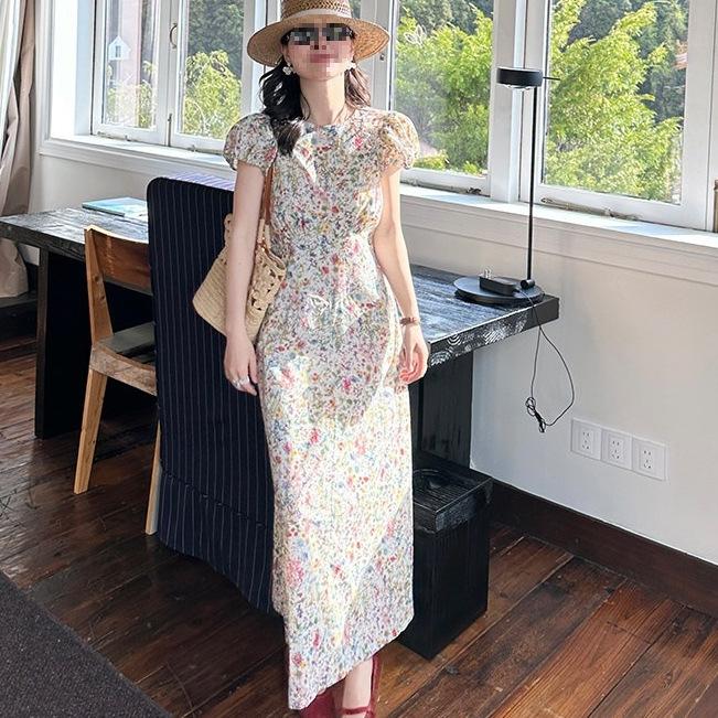 Summer Fashion Round Neck Floral Bubble Sleeve Dress High-end Femininity Waist A-word Long Dress Wholesale