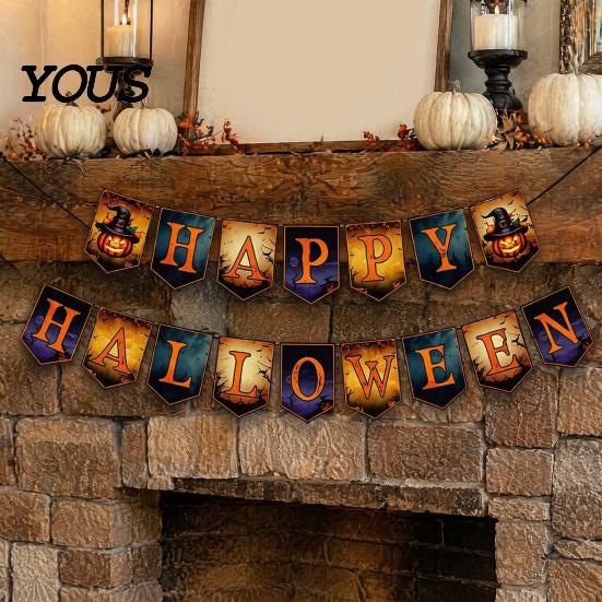 Realistic Haunted House Accents Happy Halloween Banner, Cloth Garland Horror Ghost Bat Spider Web Flags Scary Theme Party Props Honeycomb Ball