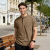 Men Quarter Button T-Shirt Solid Color Short Sleeve Band Collar Summer Tee Loose Fit Tee Shirt with Chest Pocket for Street Holiday Beach
